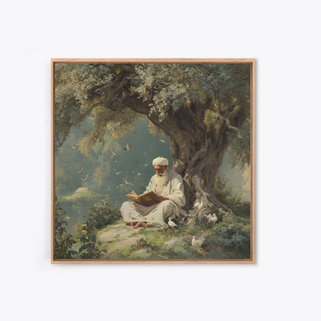 Scholar Reading Beneath Ancient Olive Tree With Doves Canvas Print, Islamic Wall Art, Spiritual Home Decor, Prayer Room Gift
