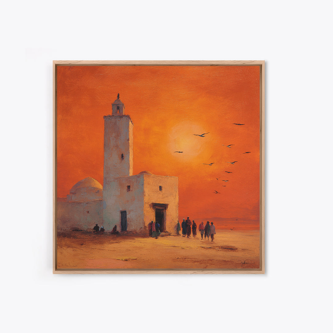 Orange Desert Mosque Sunset With Birds Wall Art, Moroccan Wall Decor, Islamic Home Decor, Travel Poster, Housewarming Gift