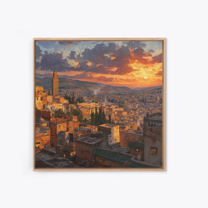 Moroccan City Rooftops At Sunset Wall Art, Marrakech Travel Canvas Print, Warm Mediterranean Living Room Decor Housewarming Gift