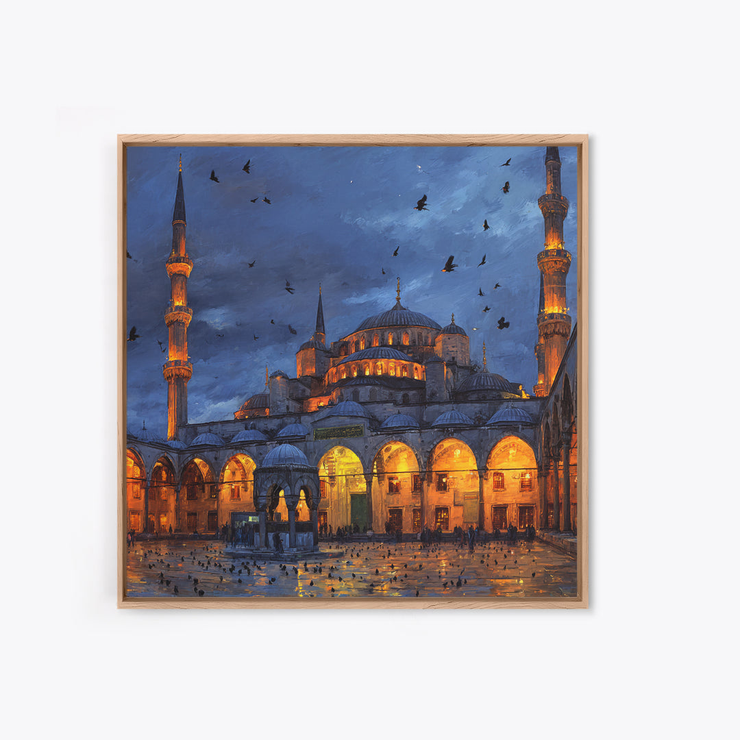 Blue Mosque At Twilight Framed Canvas Print, Islamic Architecture Wall Art, Turkish Travel Poster, Moody Home Decor Gift