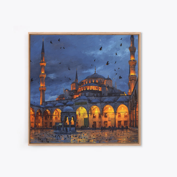 Blue Mosque At Twilight Framed Canvas Print, Islamic Architecture Wall Art, Turkish Travel Poster, Moody Home Decor Gift