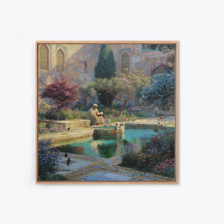 Serene Islamic Garden Courtyard With Reader Wall Art, Meditation Framed Canvas Print, Botanical Zen Home Decor Gift For Her
