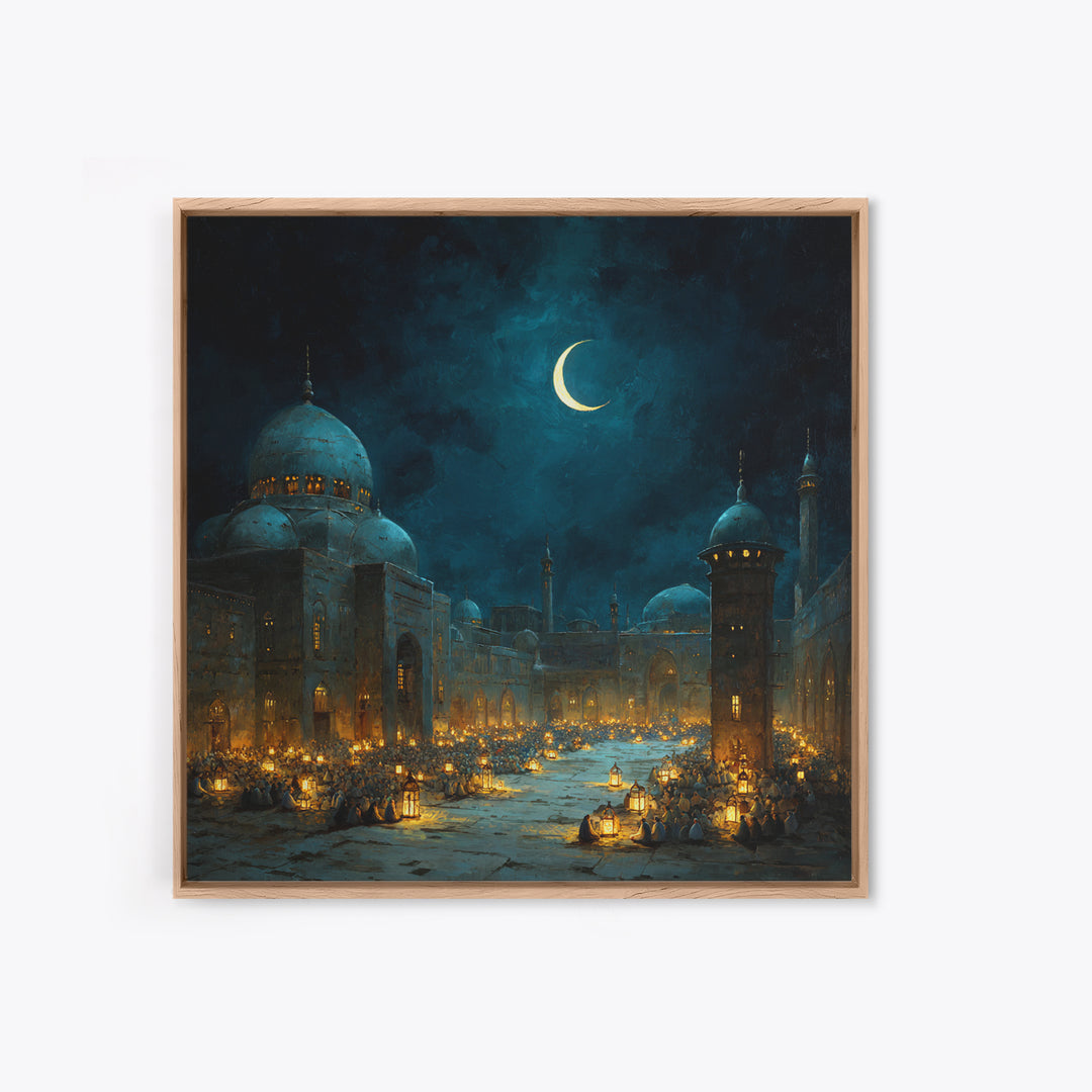 Moonlit Mosque Courtyard With Crescent Canvas Print, Islamic Wall Art, Ramadan Lantern Decor For Prayer Room And Home Decor