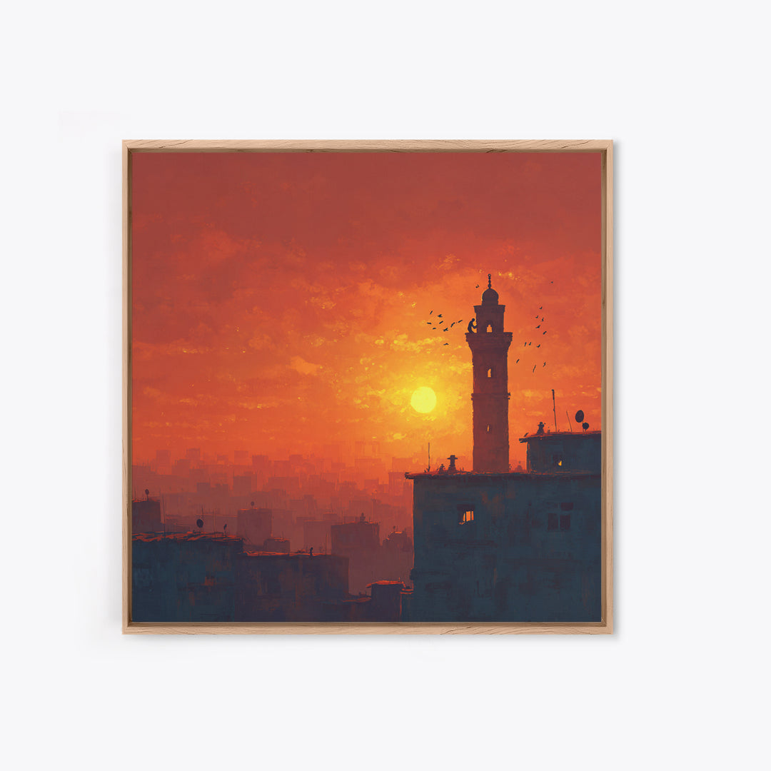 Orange City Sunset With Minaret Tower Silhouette Canvas Print, Islamic Wall Art, Moroccan Decor, Travel Poster, Home Decor