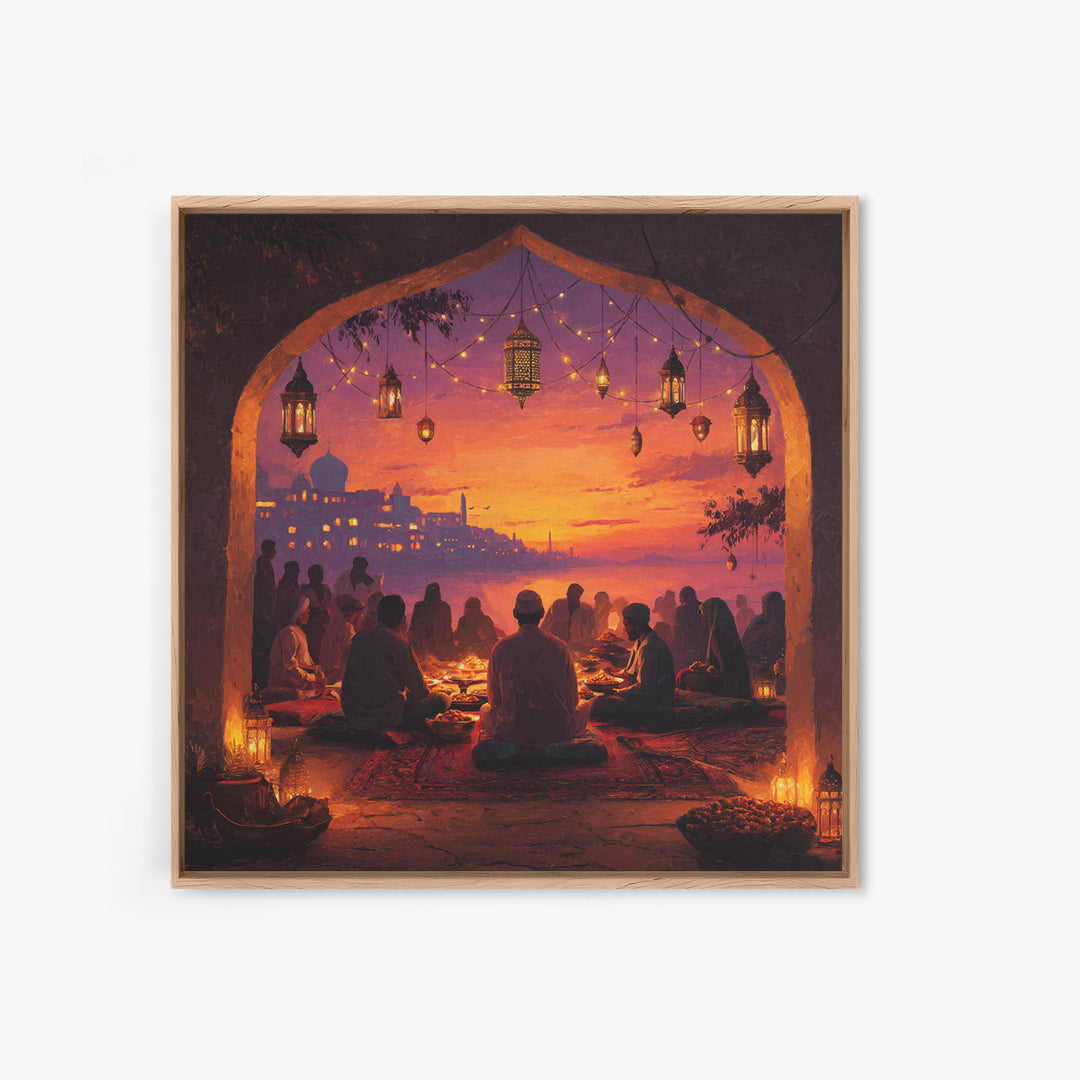 Ramadan Sunset Gathering Wall Art, Lantern Iftar Dinner Scene, Islamic Home Decor, Warm Spiritual Canvas Print Gift For Prayer Room