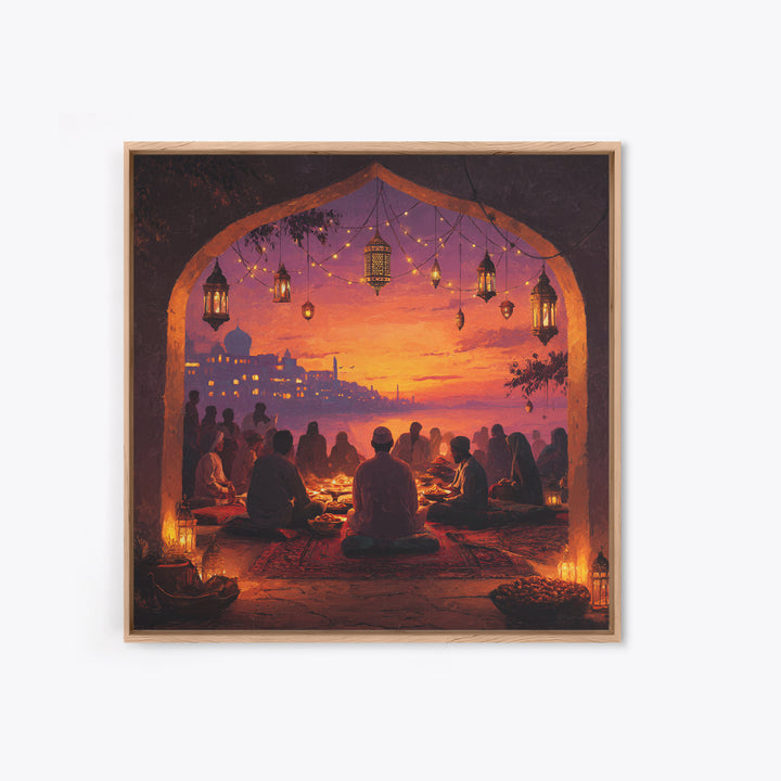 Ramadan Sunset Gathering Wall Art, Lantern Iftar Dinner Scene, Islamic Home Decor, Warm Spiritual Canvas Print Gift For Prayer Room