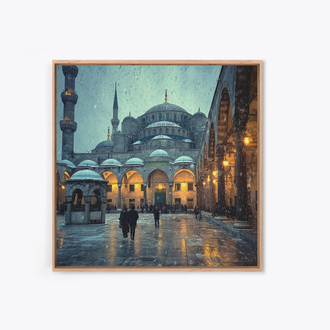 Snowy Blue Mosque Courtyard Canvas Print, Islamic Architecture Wall Art, Istanbul Travel Poster, Spiritual Decor, Home Decor