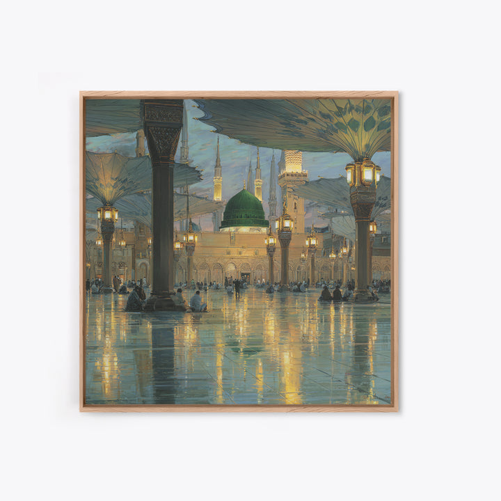 Green Dome Mosque Courtyard With Lantern Reflections Framed Canvas Print, Islamic Wall Art, Medina Decor, Spiritual Gift