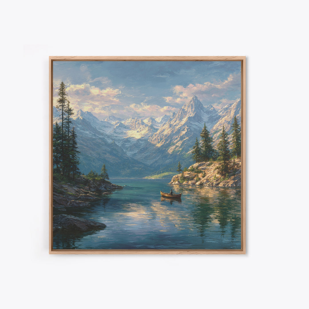 Alpine Lake And Snowy Mountains Framed Canvas Print, Scenic Landscape Art, Cabin Wall Decor, Nature Gift For Living Room
