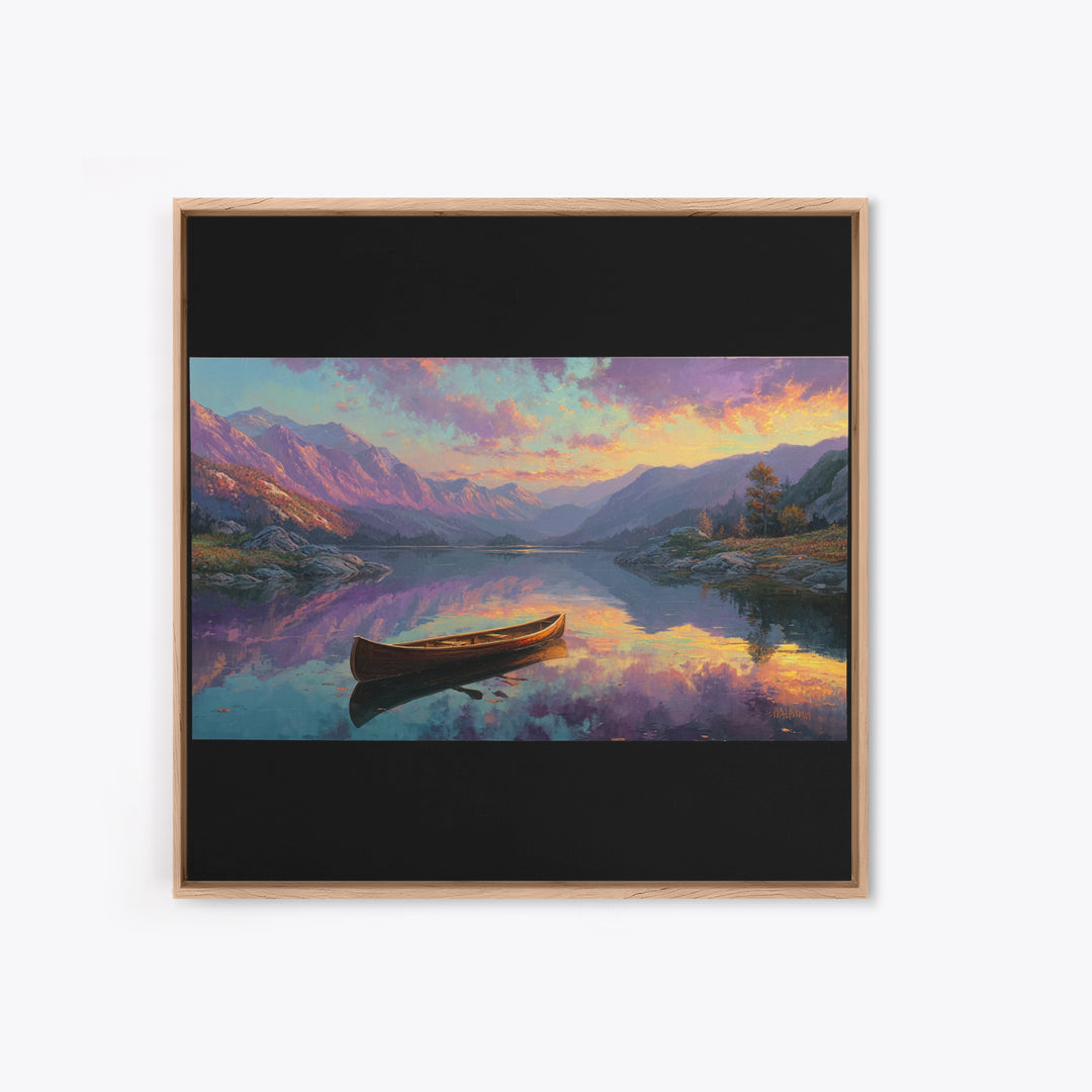 Canoe On Serene Mountain Lake Canvas Print, Sunset Landscape Wall Art, Rustic Cabin Decor For Living Room And Bedroom Decor