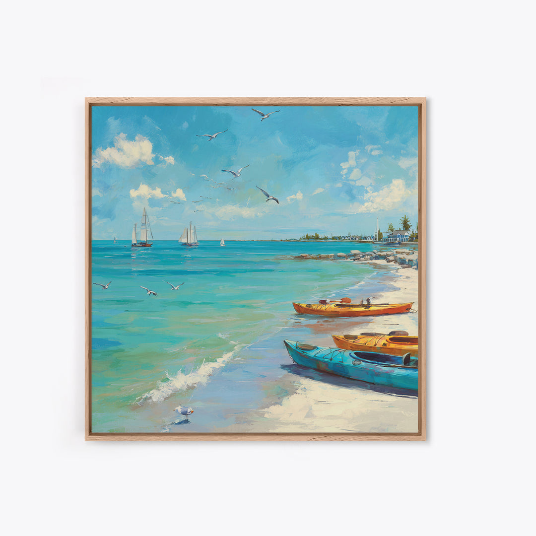 Turquoise Beach Boats And Seagulls Canvas Print, Coastal Wall Art, Ocean Seascape Decor For Beach House Living Room Decor