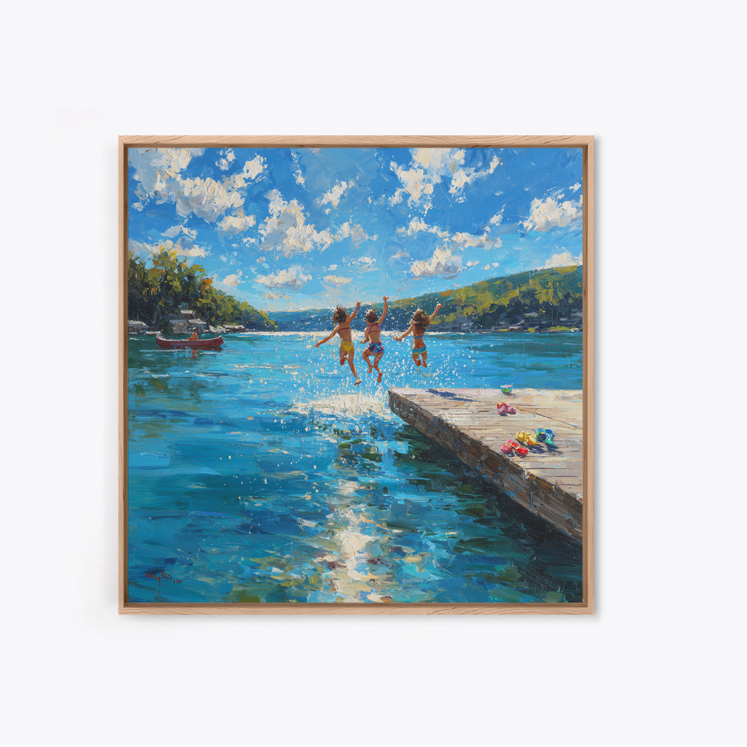 Kids Jumping Off A Sunny Lake Dock Wall Art, Summer Landscape Canvas Print, Lake House Decor, Playroom Art Gift For Coastal Home