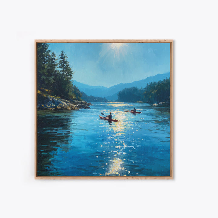 Sunlit Kayakers On Blue Mountain Lake Wall Art, Coastal Landscape Canvas Print, Nature Wall Decor For Living Room Home Decor Gift