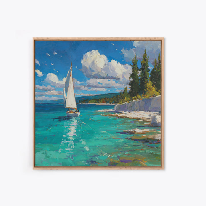 White Sailboat On Turquoise Lake Wall Art, Coastal Landscape Painting, Nautical Lake House Decor, Impasto Framed Canvas Print