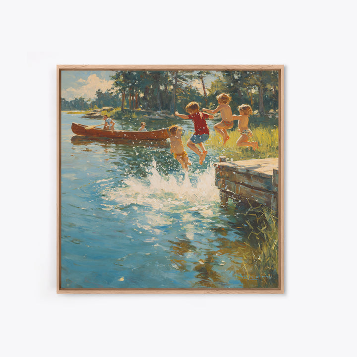 Children Jumping Into Sunny Lake Canvas Print, Summer Cabin Wall Art, Rustic Lake House Decor, Kids Room Art, Family Gift
