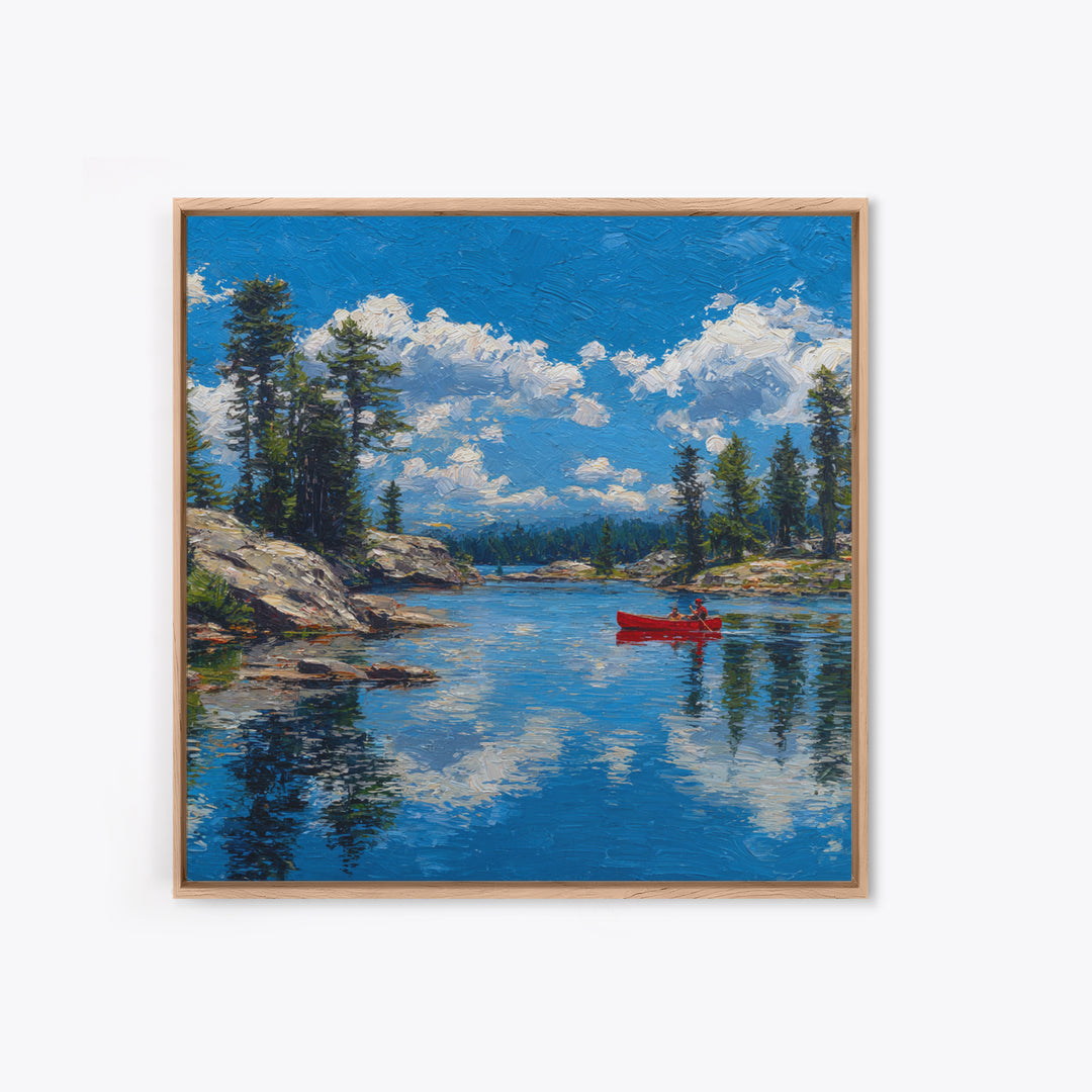 Red Canoe On Alpine Lake Wall Art, Mountain Landscape Painting, Rustic Cabin Decor, Pine Forest Nature Lover Framed Canvas Print