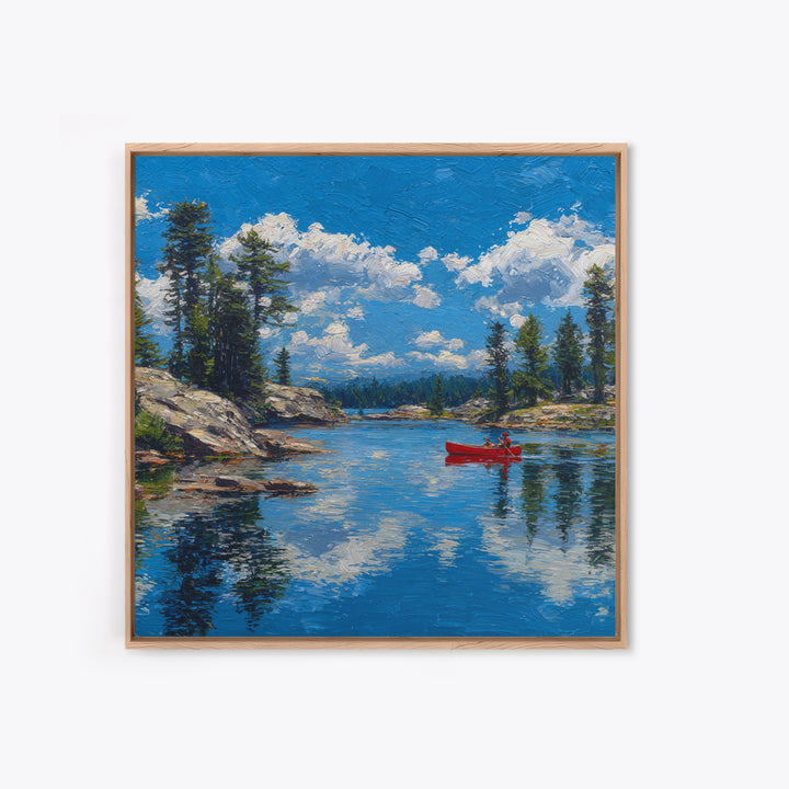Red Canoe On Alpine Lake Wall Art, Mountain Landscape Painting, Rustic Cabin Decor, Pine Forest Nature Lover Framed Canvas Print