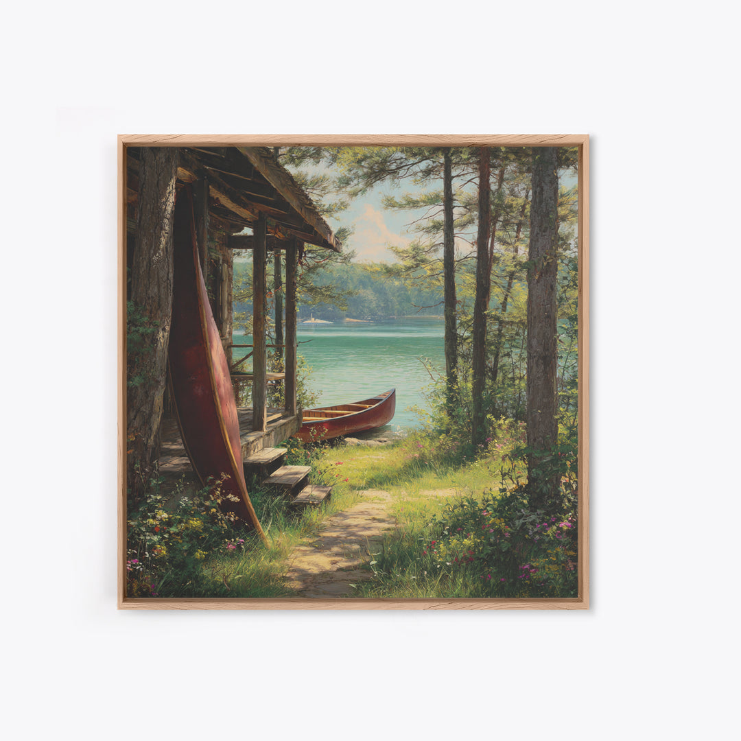 Lakeside Cabin With Red Canoes Framed Canvas Print, Rustic Lake House Wall Art, Cozy Nature Decor, Peaceful Getaway Gift