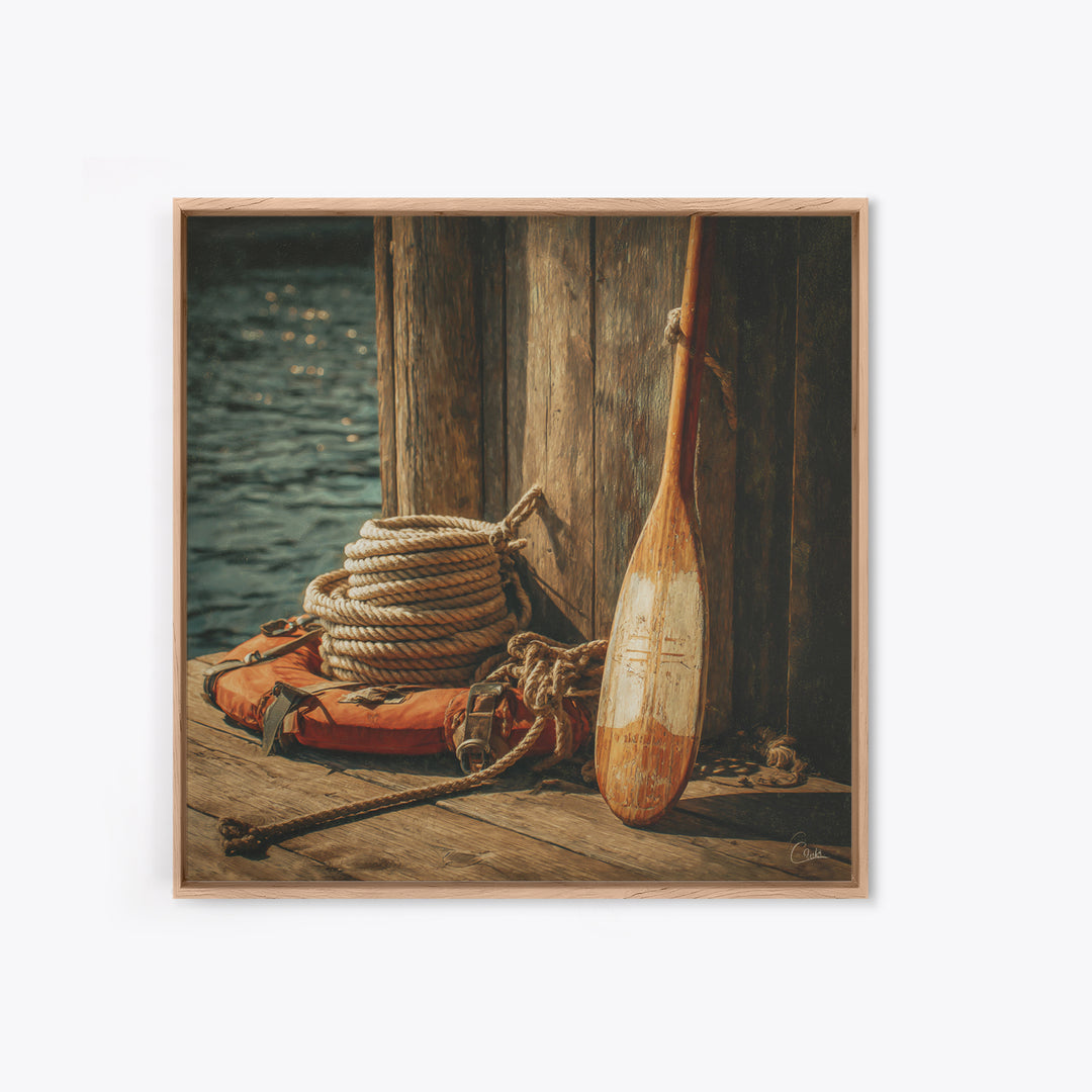 Weathered Oar And Coiled Rope Canvas Print, Nautical Wall Art, Rustic Coastal Decor, Seaside Lake House Gift For Boat Lovers