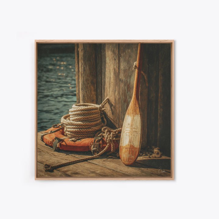 Weathered Oar And Coiled Rope Canvas Print, Nautical Wall Art, Rustic Coastal Decor, Seaside Lake House Gift For Boat Lovers