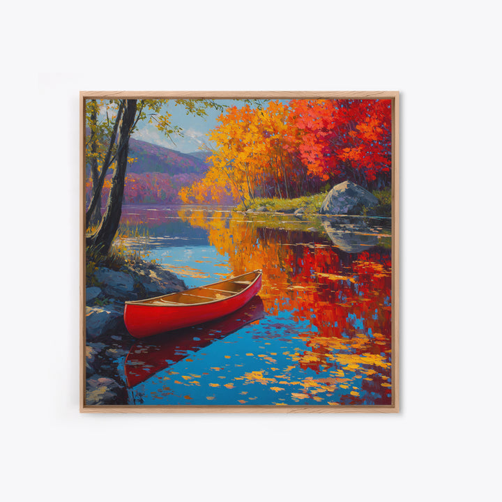 Red Canoe On Autumn Lake Wall Art, Colorful Fall Landscape Painting, Cabin Decor, Nature Wall Art, Housewarming Gift, Large Canvas Print