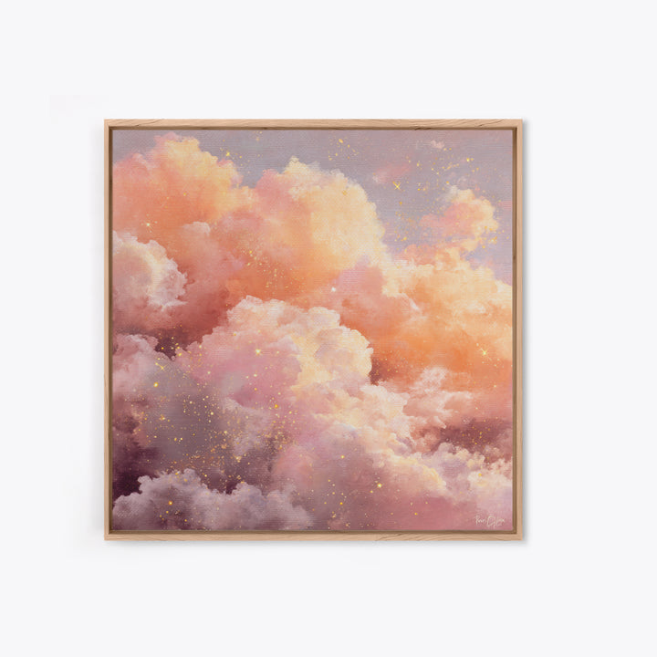 Blush Pink Celestial Clouds With Golden Stars Wall Art, Dreamy Sky Canvas, Pastel Bedroom Decor, Nursery Gift, Ethereal Home Decor