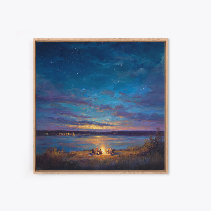 Starry Lakeside Campfire Canvas Print, Moody Night Sky Landscape Art, Cabin Wall Decor, Cozy Living Room Art, Housewarming Gift