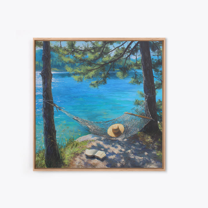 Pine Lake Hammock Reading Nook Wall Art, Coastal Lake House Decor, Peaceful Nature Canvas Print, Relaxing Bedroom Art Gift