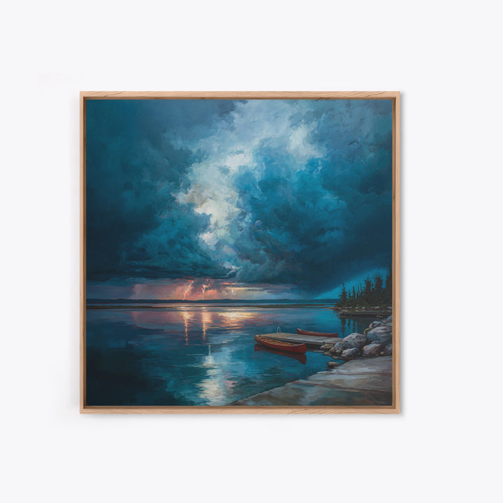 Moody Storm Over Lake With Canoes Canvas Print, Blue Seascape Wall Art, Dramatic Lightning Landscape, Cabin Decor, Nature Gift