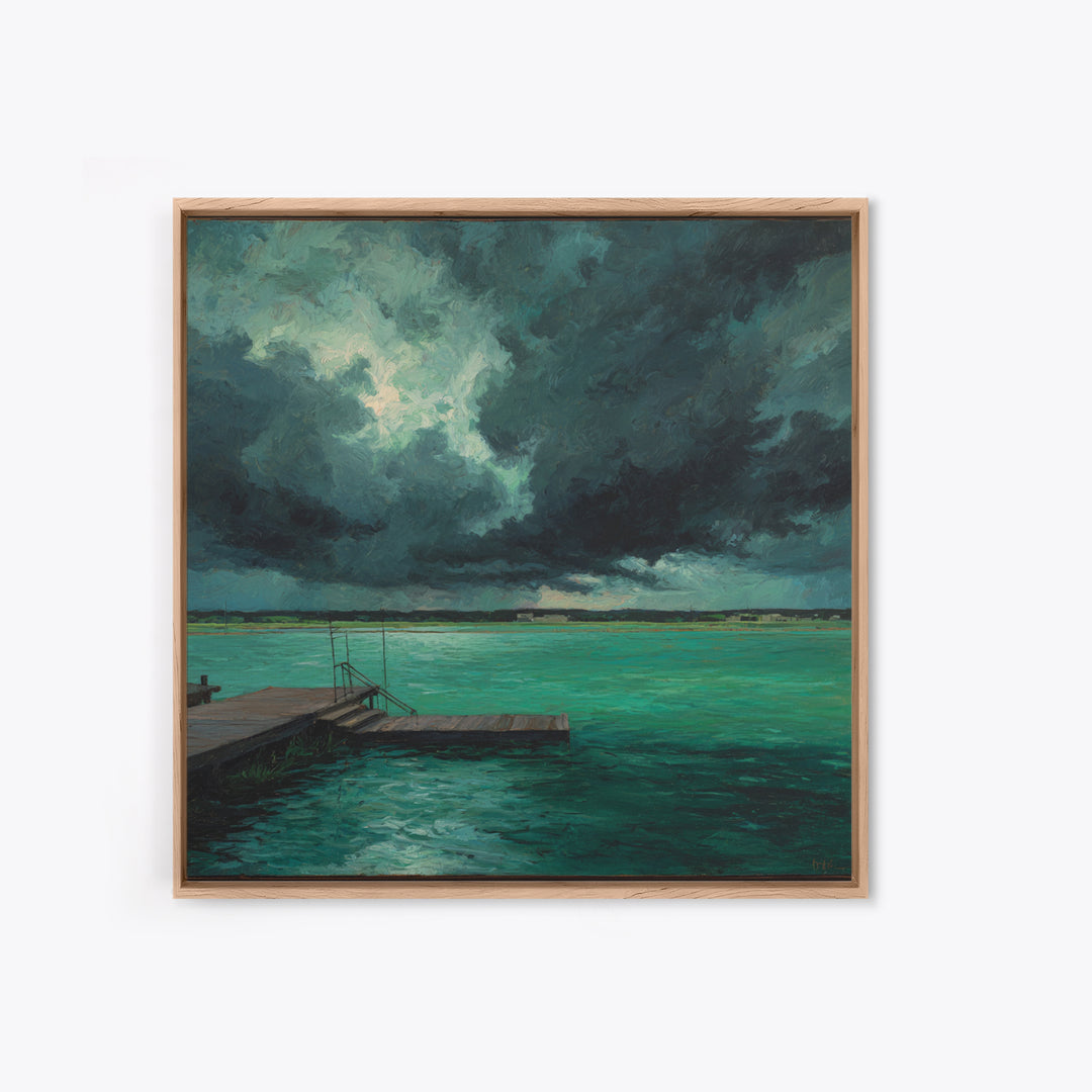 Stormy Turquoise Lake Dock And Dark Clouds Canvas Print, Moody Landscape Art, Coastal Wall Decor, Office Wall Art Gift For Him