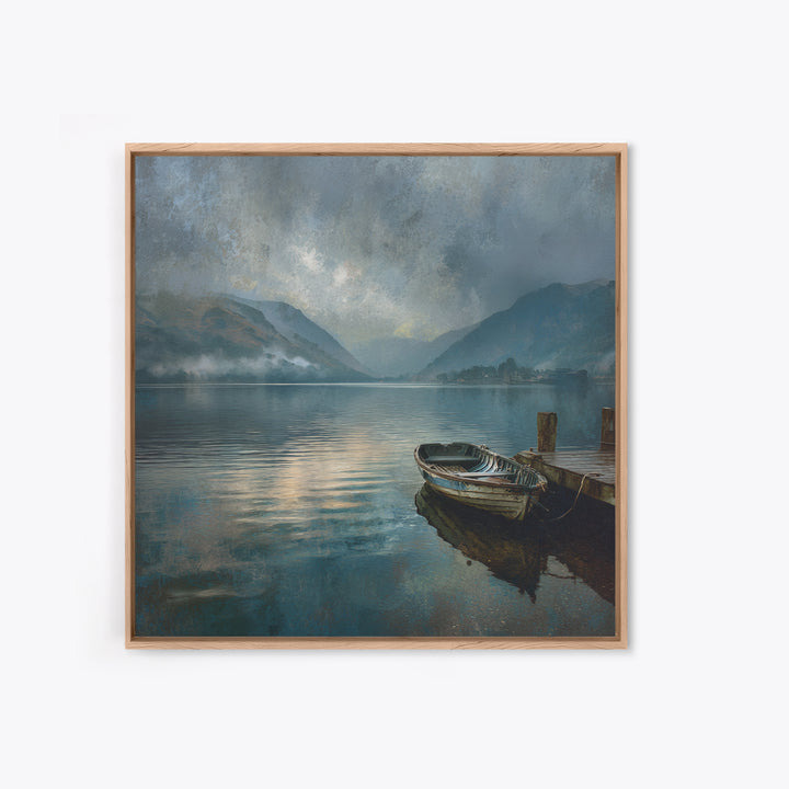 Moody Mountain Lake With Old Boat Wall Art, Misty Landscape Framed Canvas Print, Rustic Cabin Living Room Decor Housewarming Gift