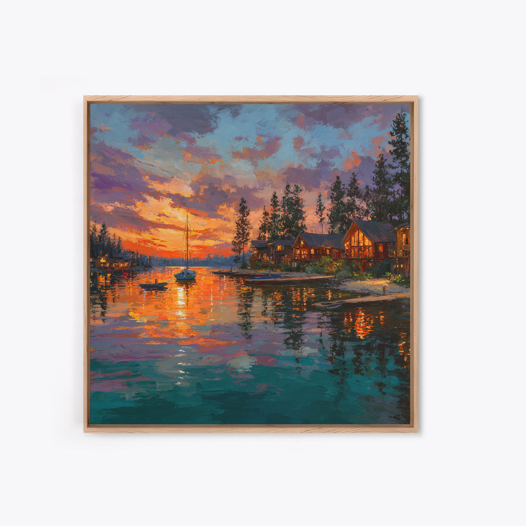 Glowing Lakeside Cabins At Sunset Wall Art, Coastal Landscape Canvas Print, Lake House Decor, Rustic Cabin Living Room Art