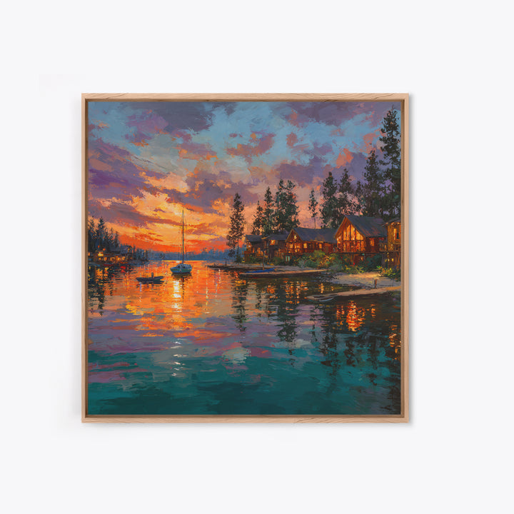 Glowing Lakeside Cabins At Sunset Wall Art, Coastal Landscape Canvas Print, Lake House Decor, Rustic Cabin Living Room Art