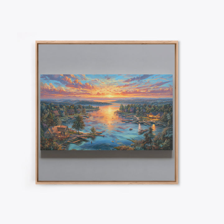 Sunset Lake Village Framed Canvas Print, Panoramic Landscape Wall Art, Coastal Cabin Decor, Large Living Room Art, Housewarming Gift