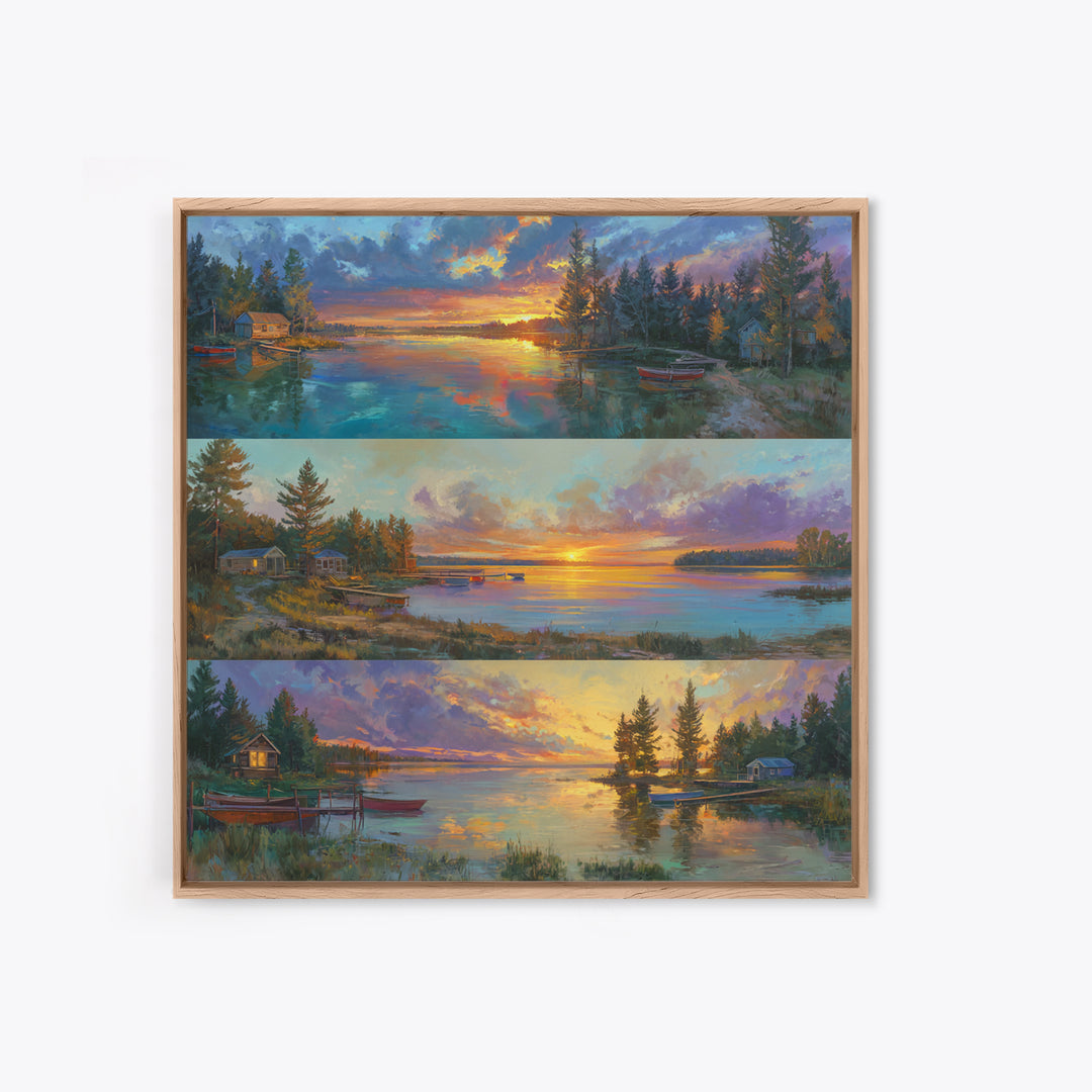 Three Serene Lake Sunset Panels Canvas Print, Panoramic Landscape Wall Art, Cabin Decor, Coastal Living Room Prints, Lake House Art