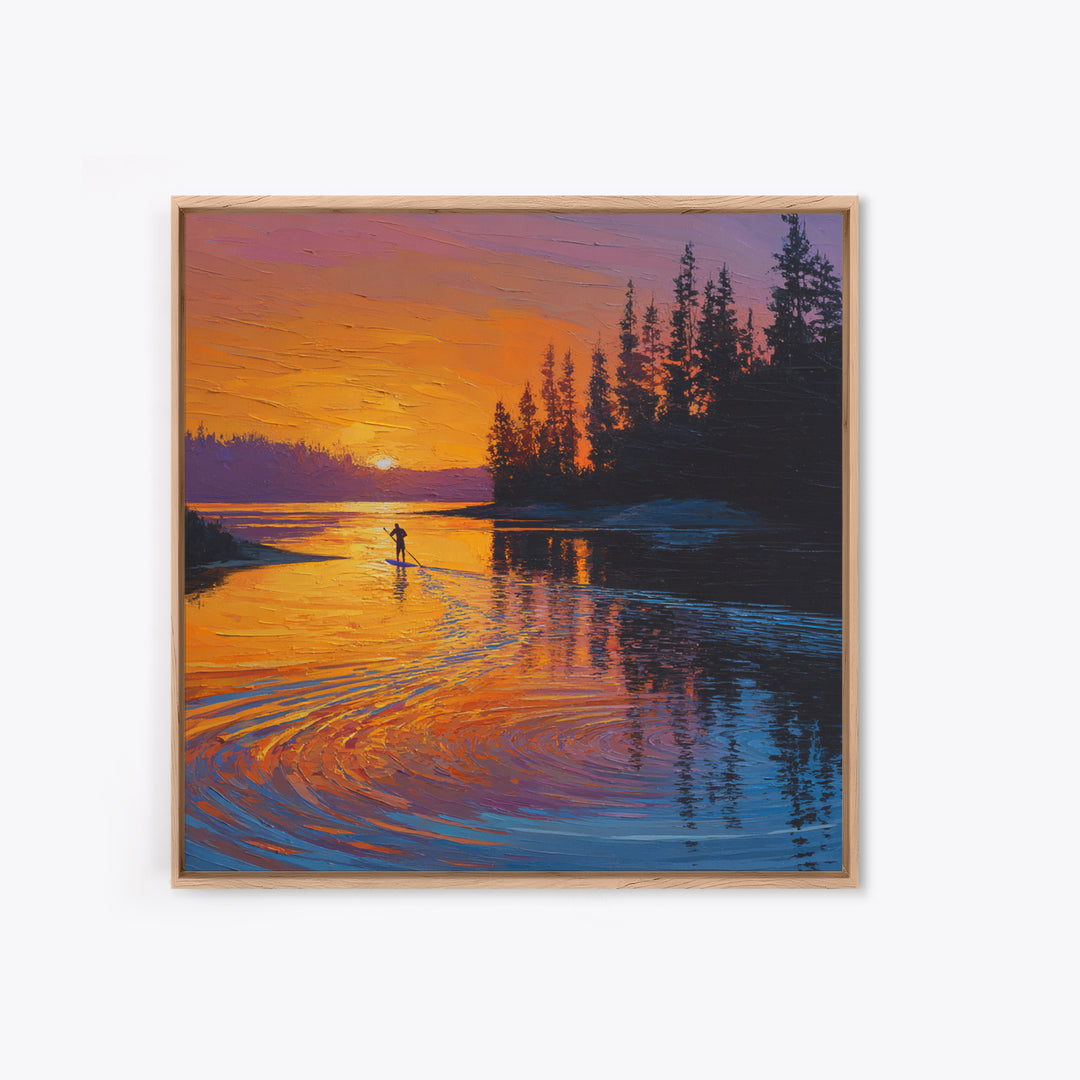 Sunset Paddleboard Pine Lake Wall Art, Orange Blue Seascape Canvas Print, Nature Decor, Living Room Decor, Gift For Him Or Her