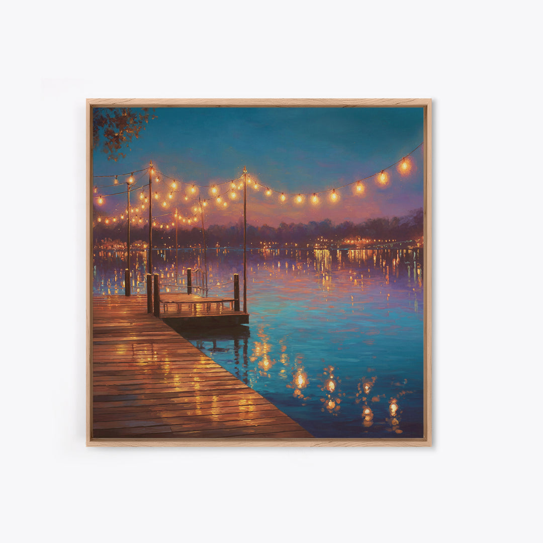 Twilight Lake Dock Lights Wall Art, Romantic Waterfront Canvas Print, Cozy Living Room Decor, Lake House Decor Gift For Her