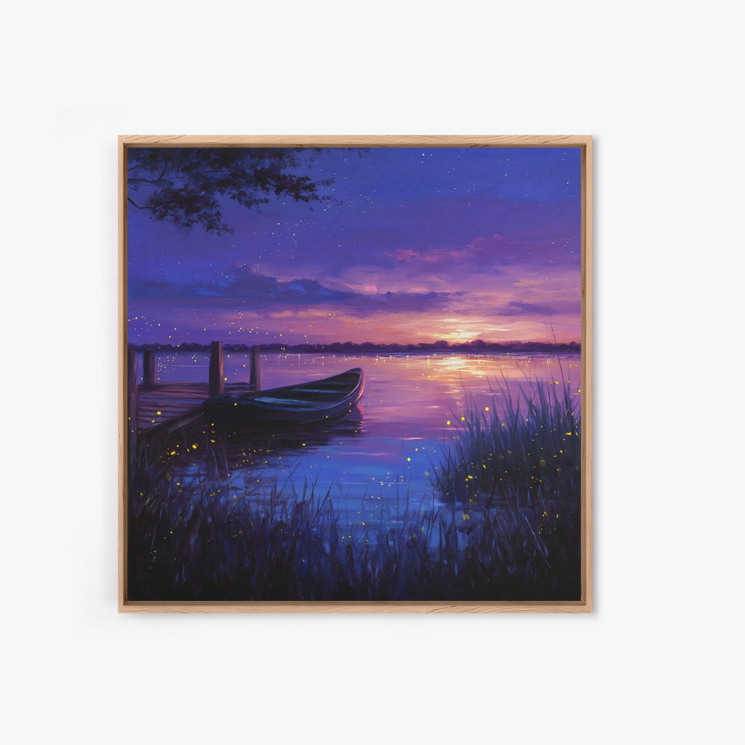 Twilight Lake With Boat And Fireflies Painting Wall Art, Dreamy Night Landscape Print, Romantic Nature Bedroom Decor