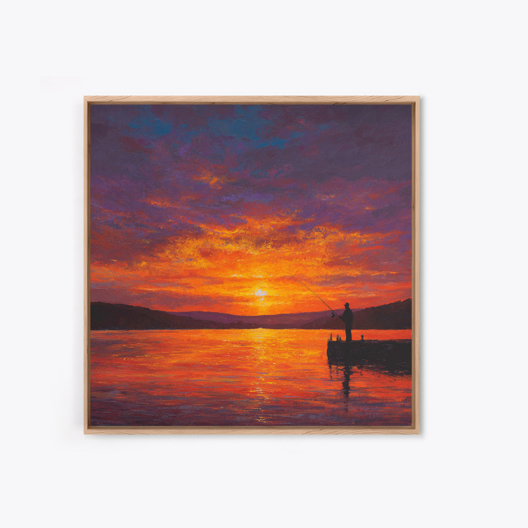 Fisherman At Fiery Sunset Wall Art, Serene Lake Landscape Canvas Print, Rustic Cabin Decor, Peaceful Nature Living Room Wall Art