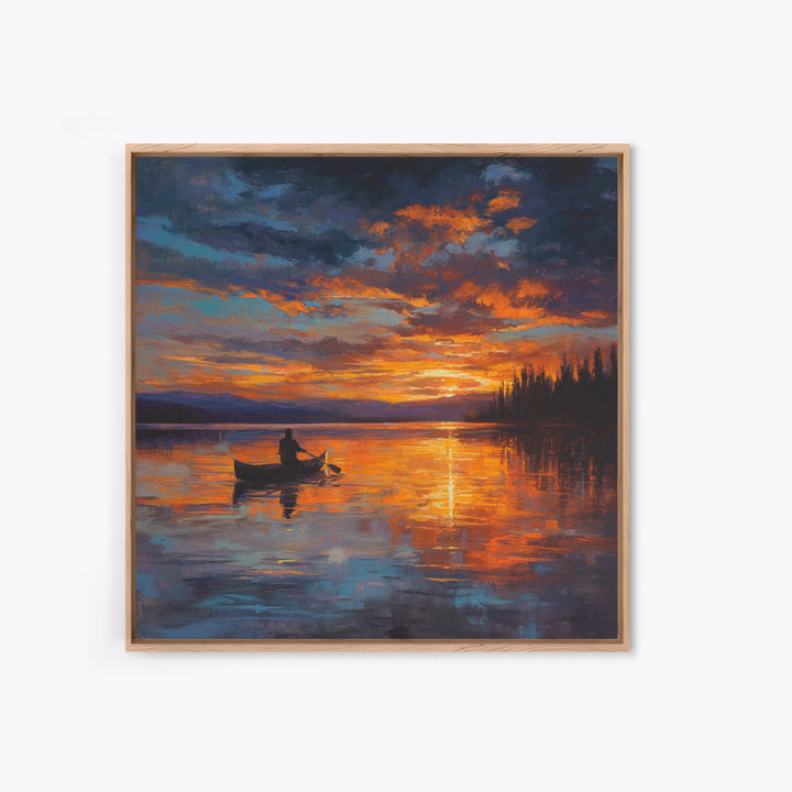 Canoe On Fiery Lake Sunset Framed Canvas Print, Impressionist Landscape Wall Art For Cozy Living Room Or Cabin Home Decor
