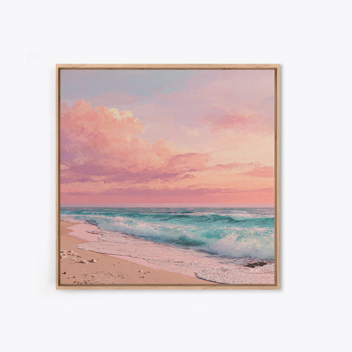 Pink Ocean Waves At Sunset Canvas Print, Pastel Coastal Wall Art, Beach House Decor, Large Living Room Wall Decor, Serene Seascape