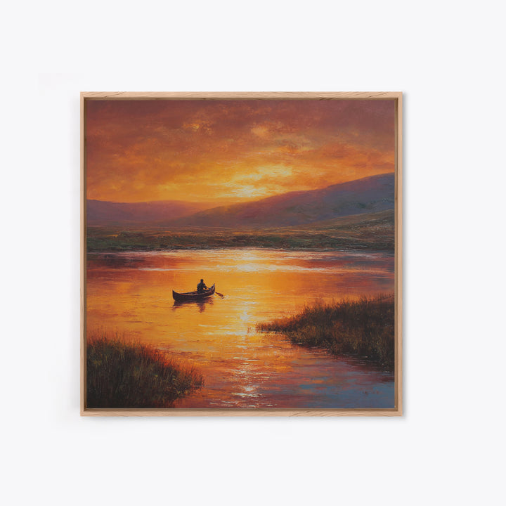 Golden Canoe At Sunset Lake Landscape Wall Art Canvas Print For Living Room Decor, Calming Nature Painting Home Decor