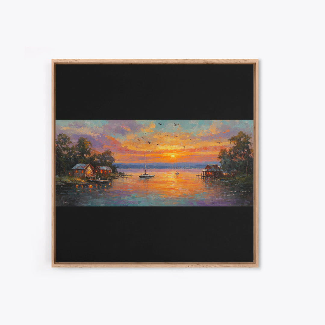 Sunset Lake Houses Palette Knife Painting Panoramic Wall Art Large Horizontal Canvas Print Coastal Wall Decor