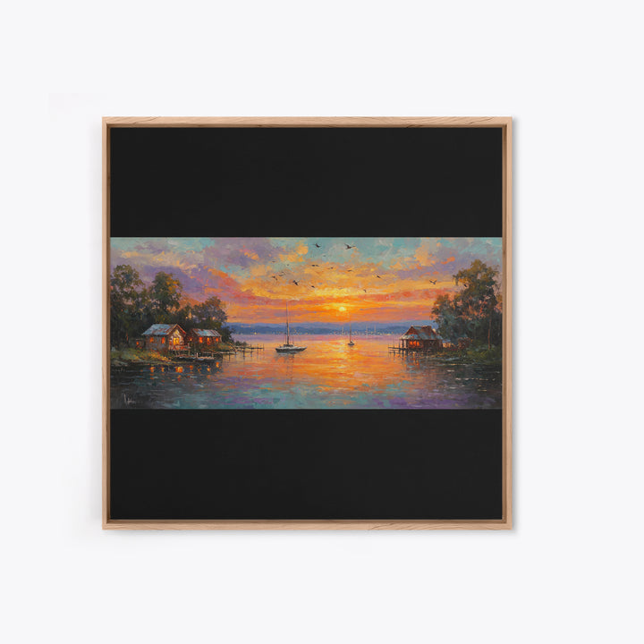 Sunset Lake Houses Palette Knife Painting Panoramic Wall Art Large Horizontal Canvas Print Coastal Wall Decor