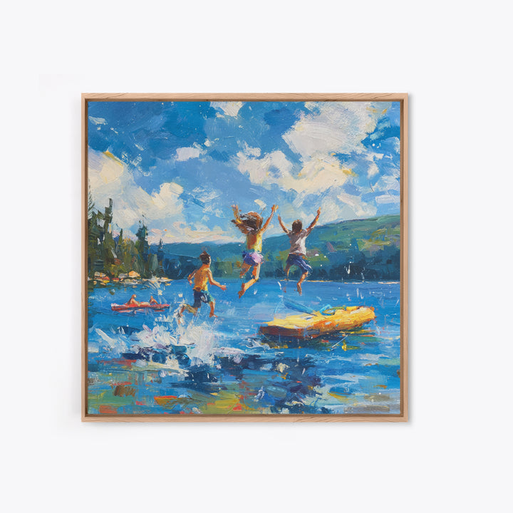 Kids Jumping Off Dock Lake Day Wall Art, Colorful Impressionist Summer Canvas Print, Playful Lake House Painting For Family Room Or Nursery