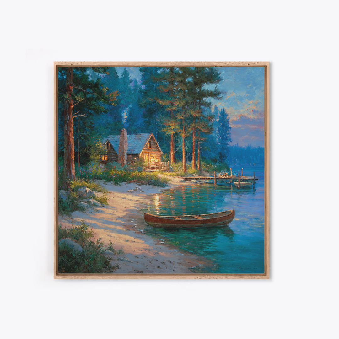 Cozy Lakeside Cabin At Dusk Landscape Wall Art Print, Rustic Lake House Home Decor, Nature Painting Living Room Wall Art