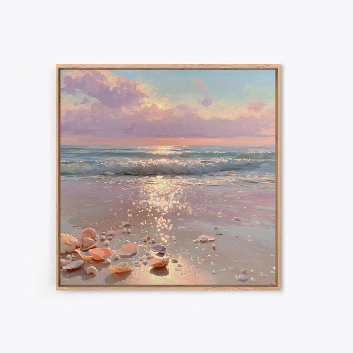 Sparkling Seashell Beach Sunrise Framed Canvas Print, Coastal Wall Art, Ocean Waves, Nautical Living Room Decor, Beach House Gift