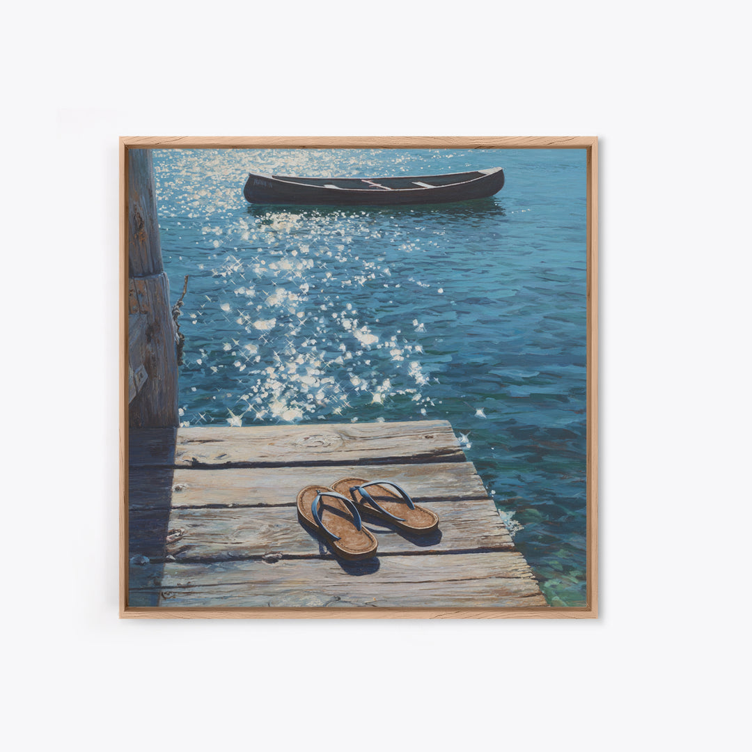 Sparkling Lake Dock With Boat Realism Wall Art, Coastal Summer Canvas Print, Beach House Decor Relaxing Ocean Lake Scene