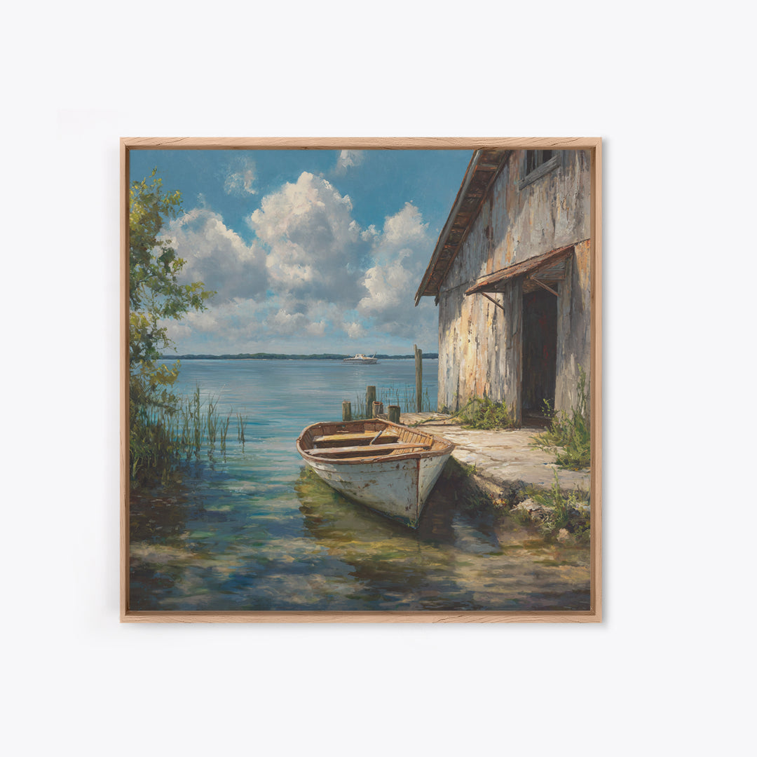 Peaceful Lakeside Barn Scene Wall Art Framed Canvas Print Rustic Country Home Decor For Living Room And Cozy Bedroom Decoration