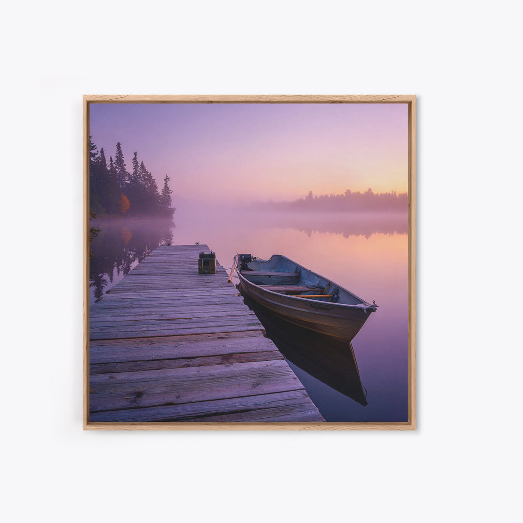 Serene Misty Lake Dock Wall Art, Calming Boat Landscape Canvas Print, Minimalist Nature Photography, Lake House Decor